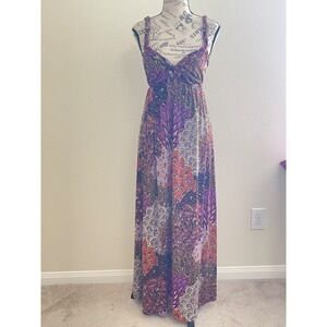 MM Womens Paisley Empire Waist Maxi Dress Purple Orange Braided Straps Large